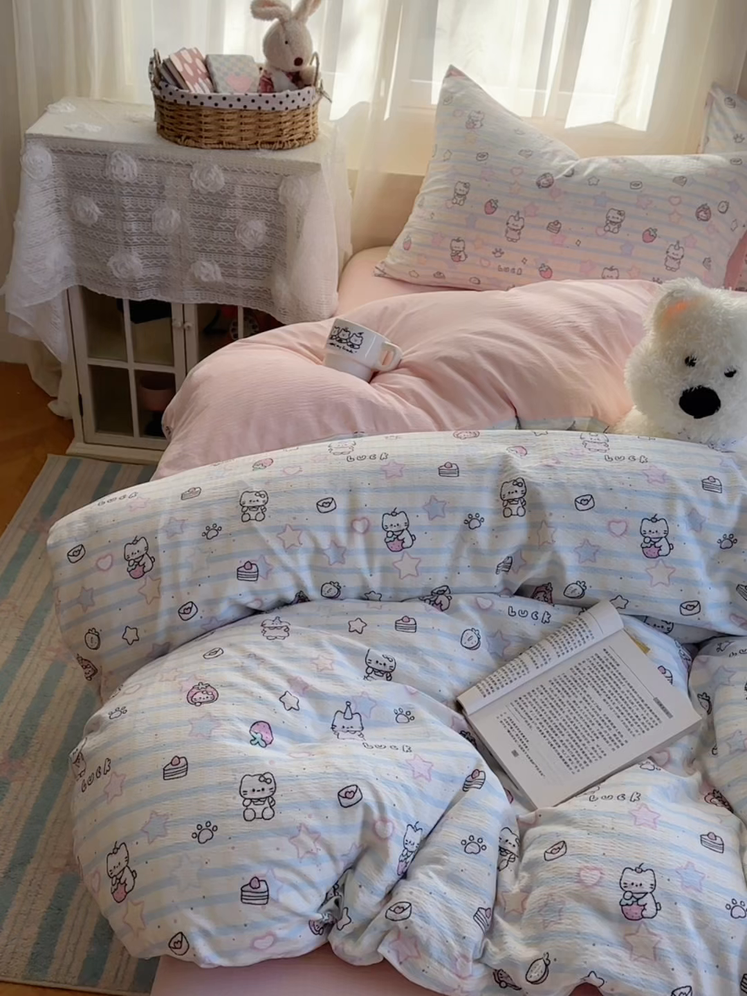 91家纺网 家纺一手货源 找家纺 宏源家纺 2026新款云感提花双层纱四件套 星星猫