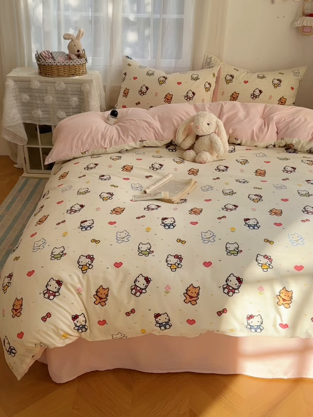 91家纺网 家纺一手货源 找家纺 宏源家纺 2026新款云感提花双层纱四件套 彩色小猫