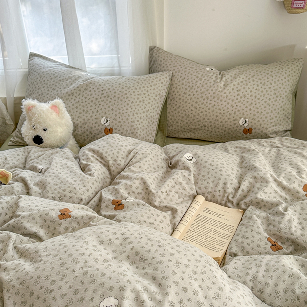 91家纺网 家纺一手货源 找家纺 宏源家纺 2026新款云感提花双层纱四件套 小花狗