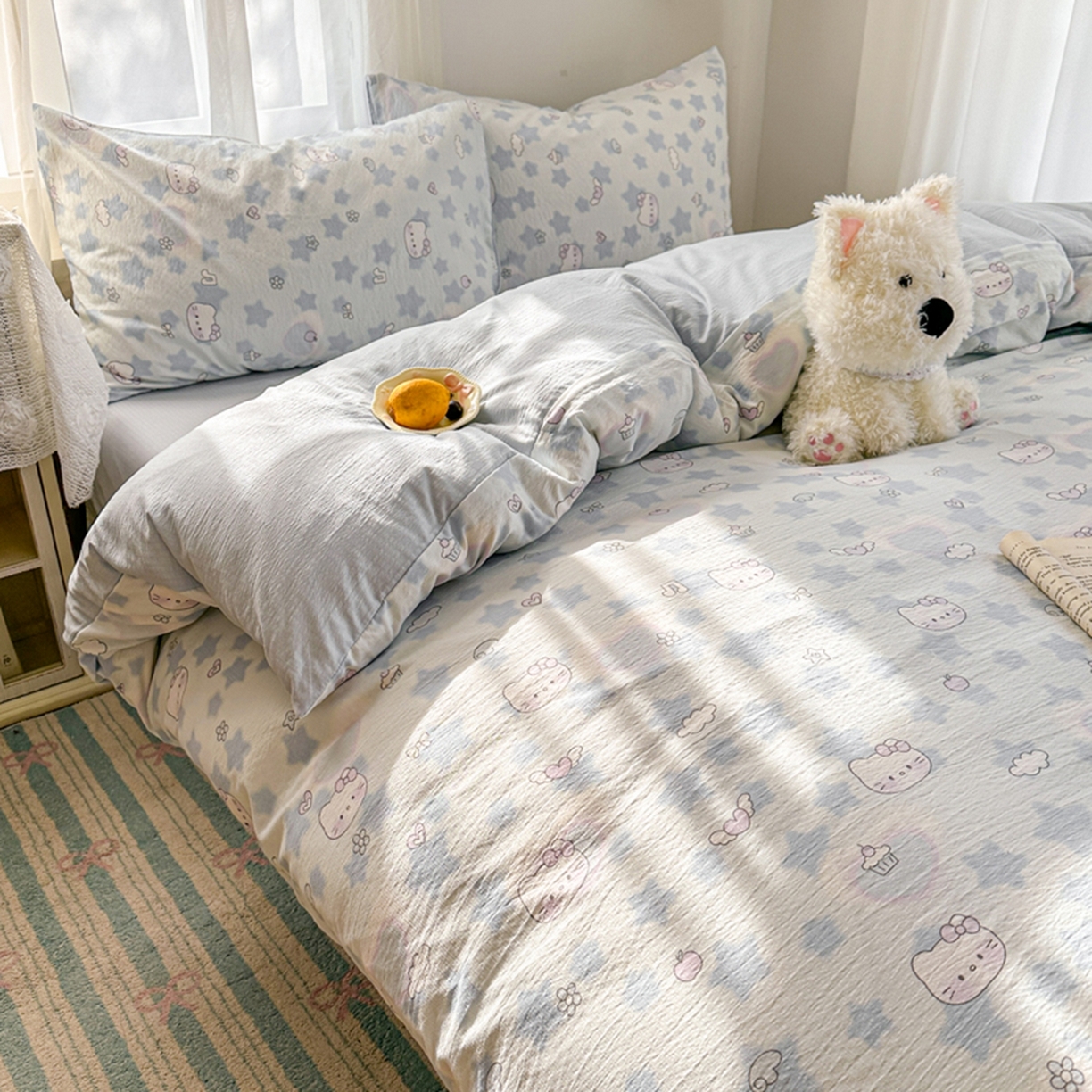 91家纺网 家纺一手货源 找家纺 宏源家纺 2026新款云感提花双层纱四件套 蓝色奶猫