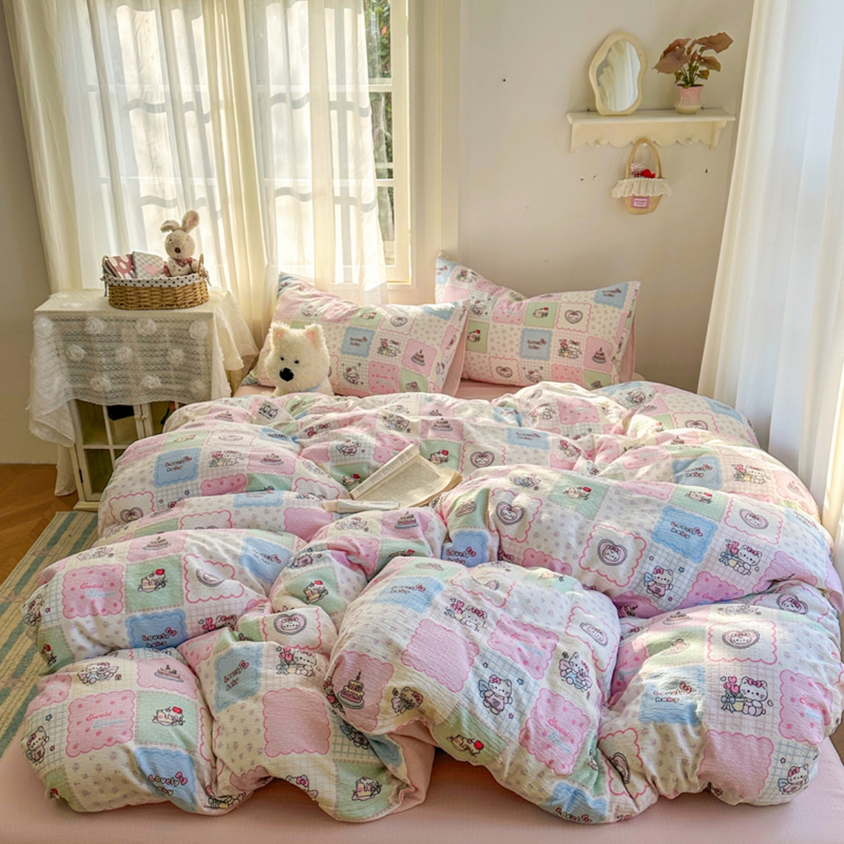 91家纺网 家纺一手货源 找家纺 宏源家纺 2026新款云感提花双层纱四件套 甜心方格