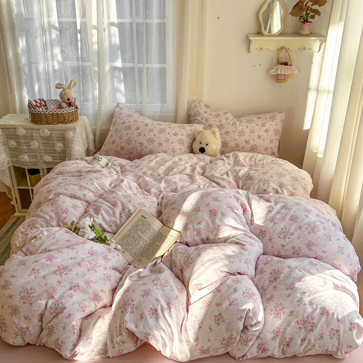 91家纺网 家纺一手货源 找家纺 宏源家纺 2026新款云感提花双层纱四件套 春天里