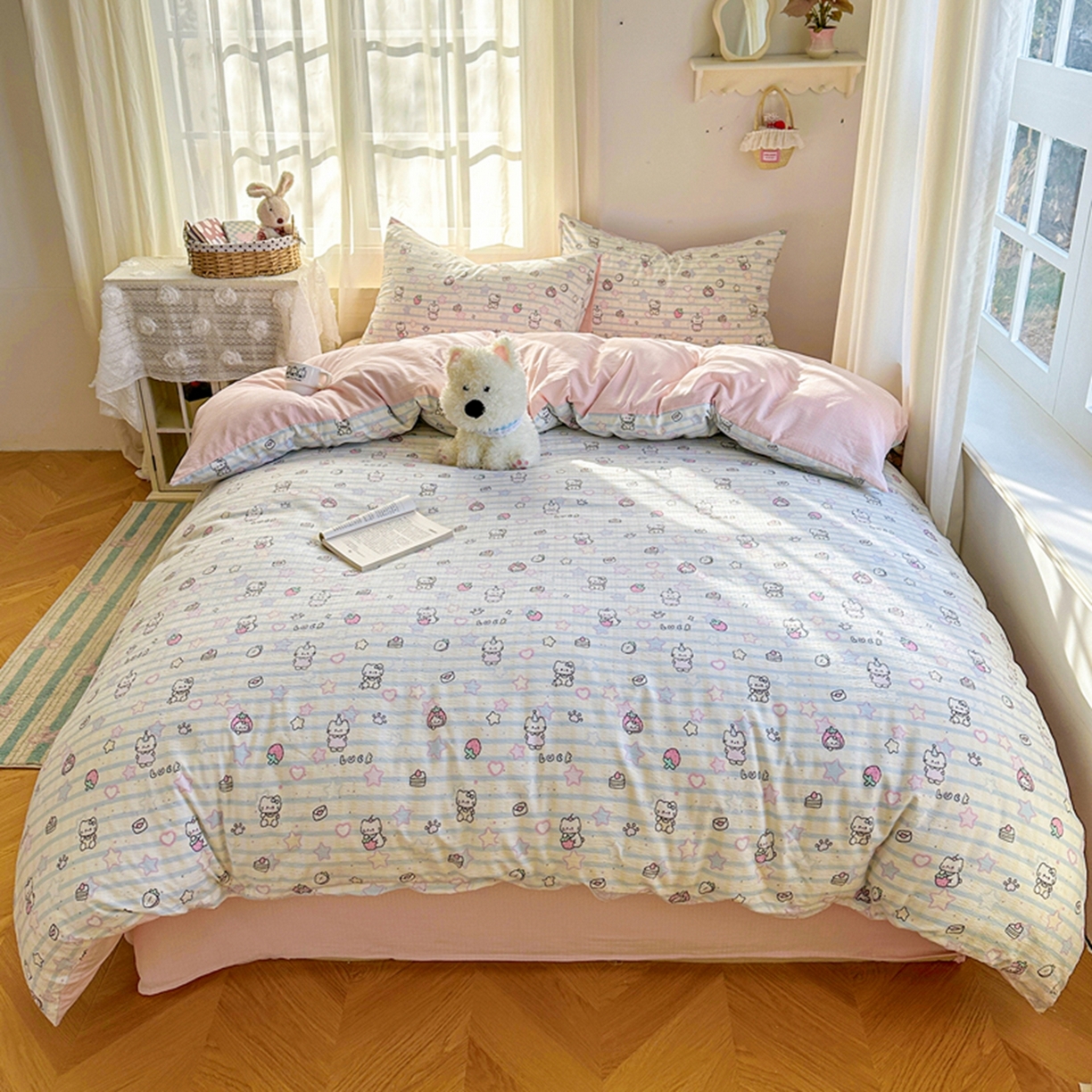 91家纺网 家纺一手货源 找家纺 宏源家纺 2026新款云感提花双层纱四件套 星星猫