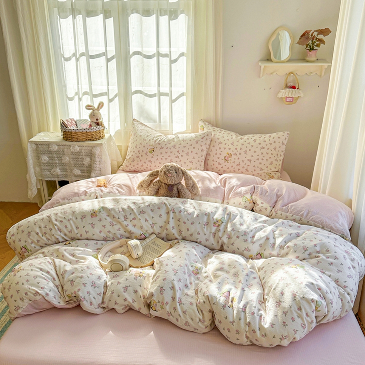 91家纺网 家纺一手货源 找家纺 宏源家纺 2026新款云感提花双层纱四件套 小星仔