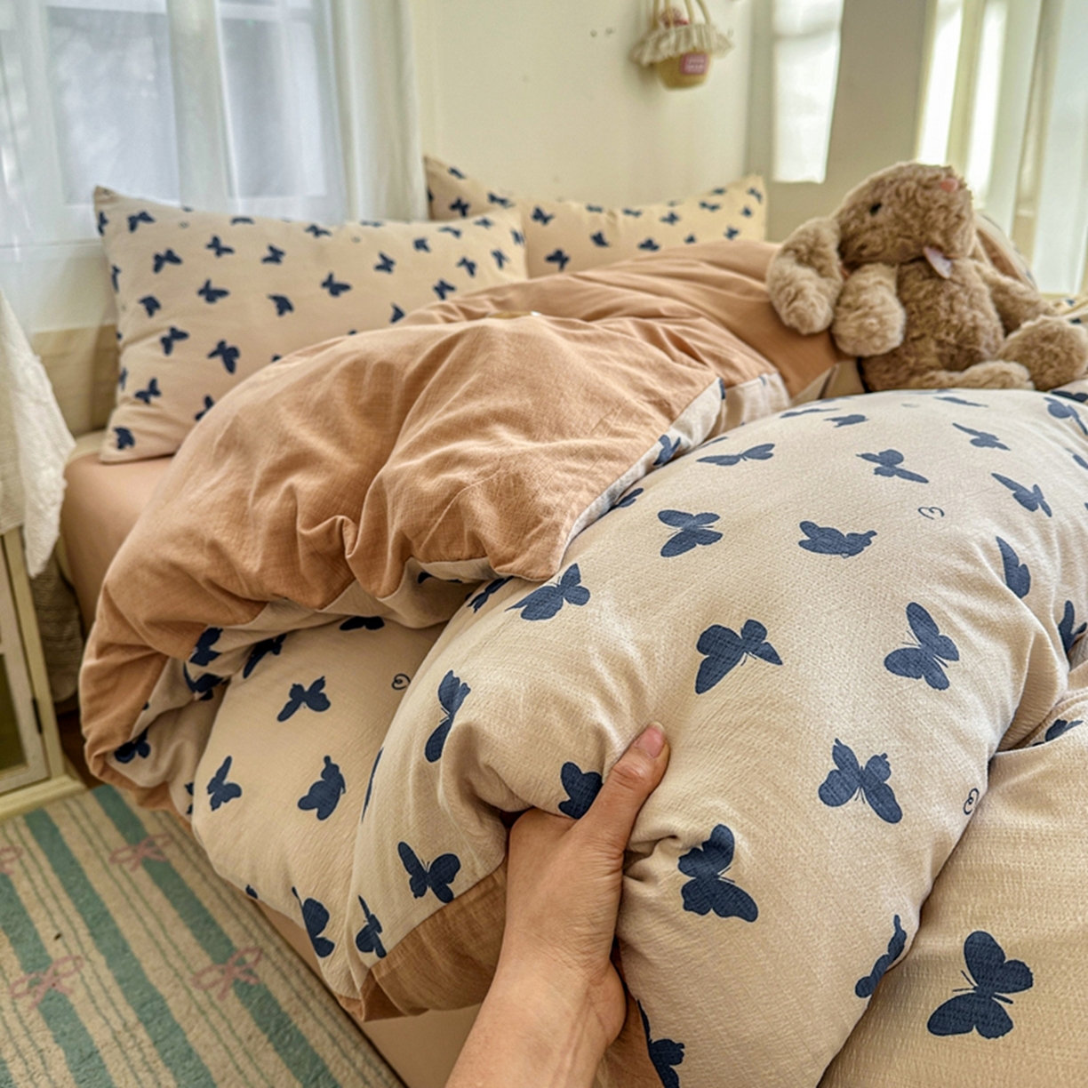 宏源家纺 2026新款云感提花双层纱四件套 蝴蝶蓝