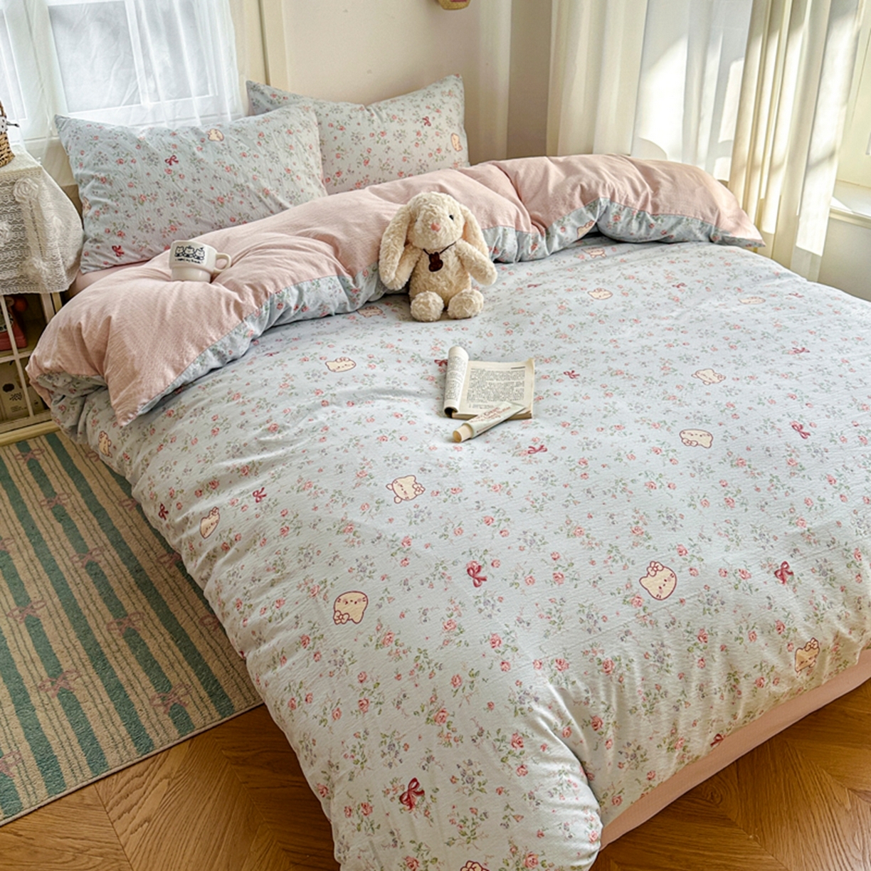 91家纺网 家纺一手货源 找家纺 宏源家纺 2026新款云感提花双层纱四件套 小花猫