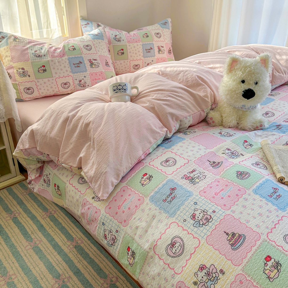 91家纺网 家纺一手货源 找家纺 宏源家纺 2026新款云感提花双层纱四件套 甜心方格