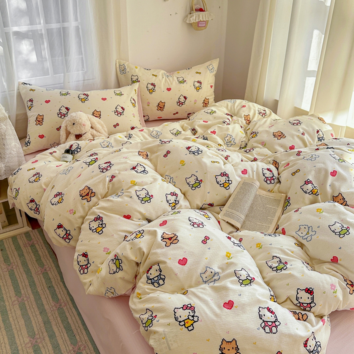 91家纺网 家纺一手货源 找家纺 宏源家纺 2026新款云感提花双层纱四件套 彩色小猫