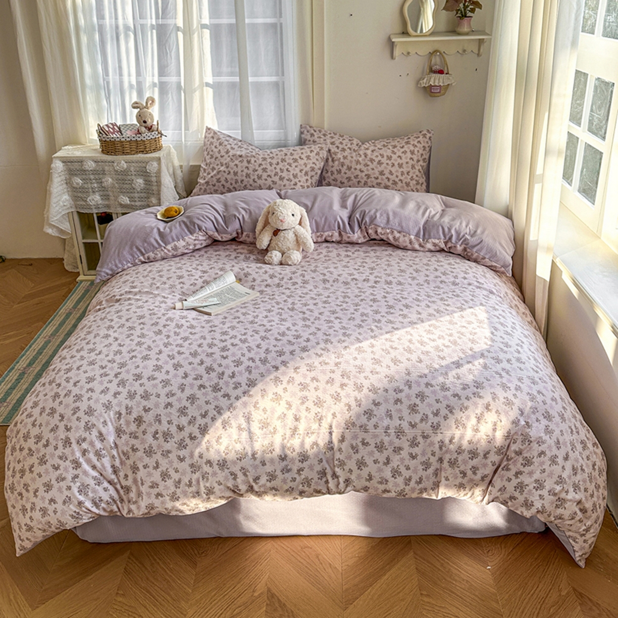 91家纺网 家纺一手货源 找家纺 宏源家纺 2026新款云感提花双层纱四件套 花语