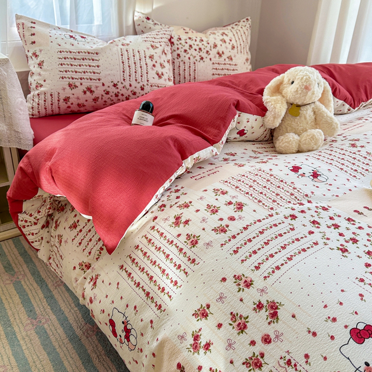 91家纺网 家纺一手货源 找家纺 宏源家纺 2026新款云感提花双层纱四件套 幸福猫咪