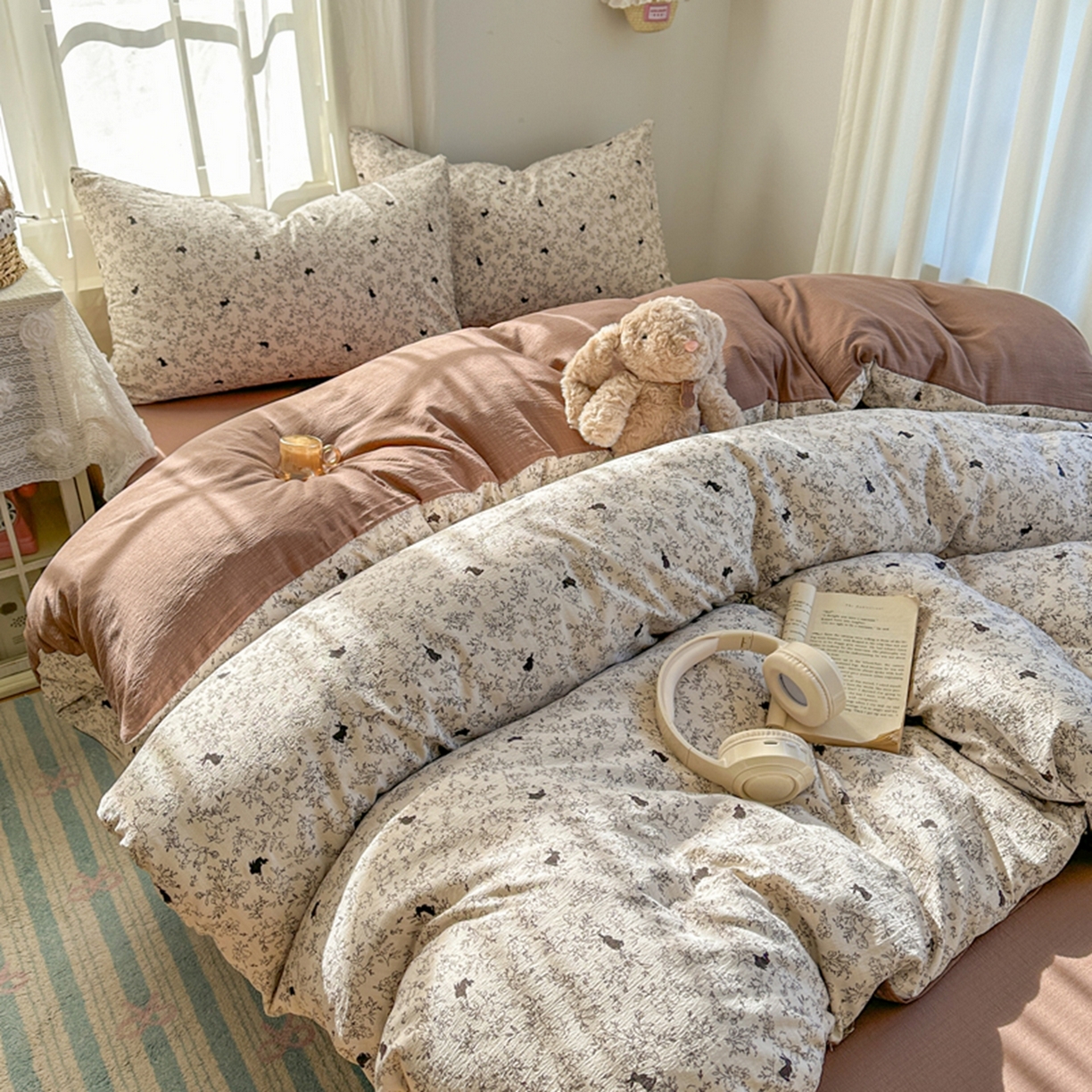 91家纺网 家纺一手货源 找家纺 宏源家纺 2026新款云感提花双层纱四件套 森林小兔