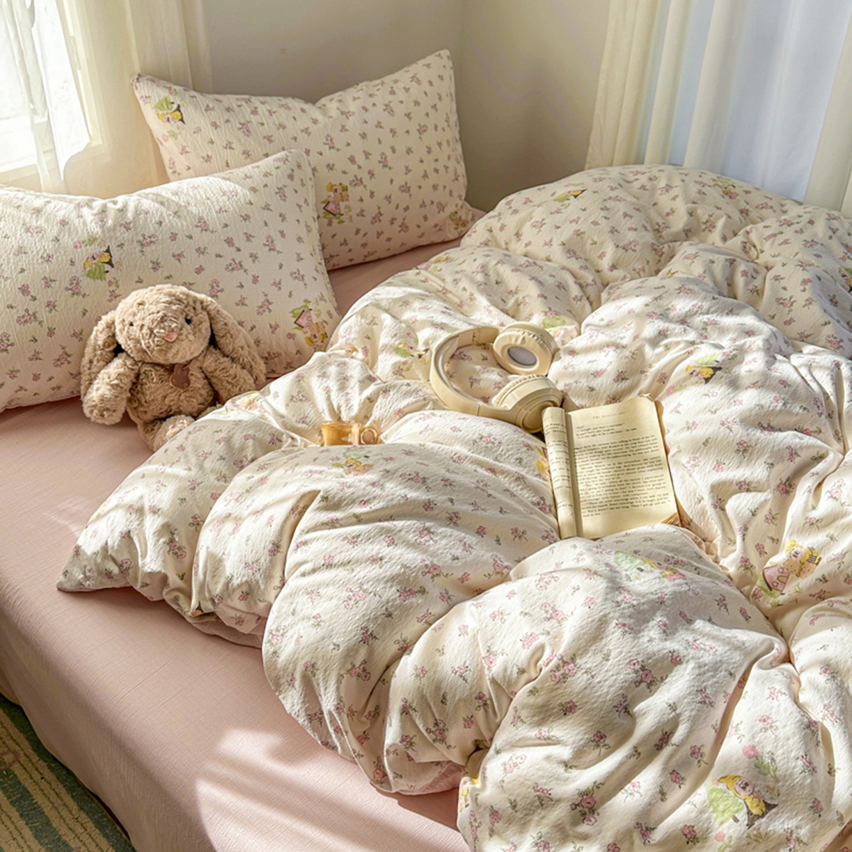 91家纺网 家纺一手货源 找家纺 宏源家纺 2026新款云感提花双层纱四件套 小星仔