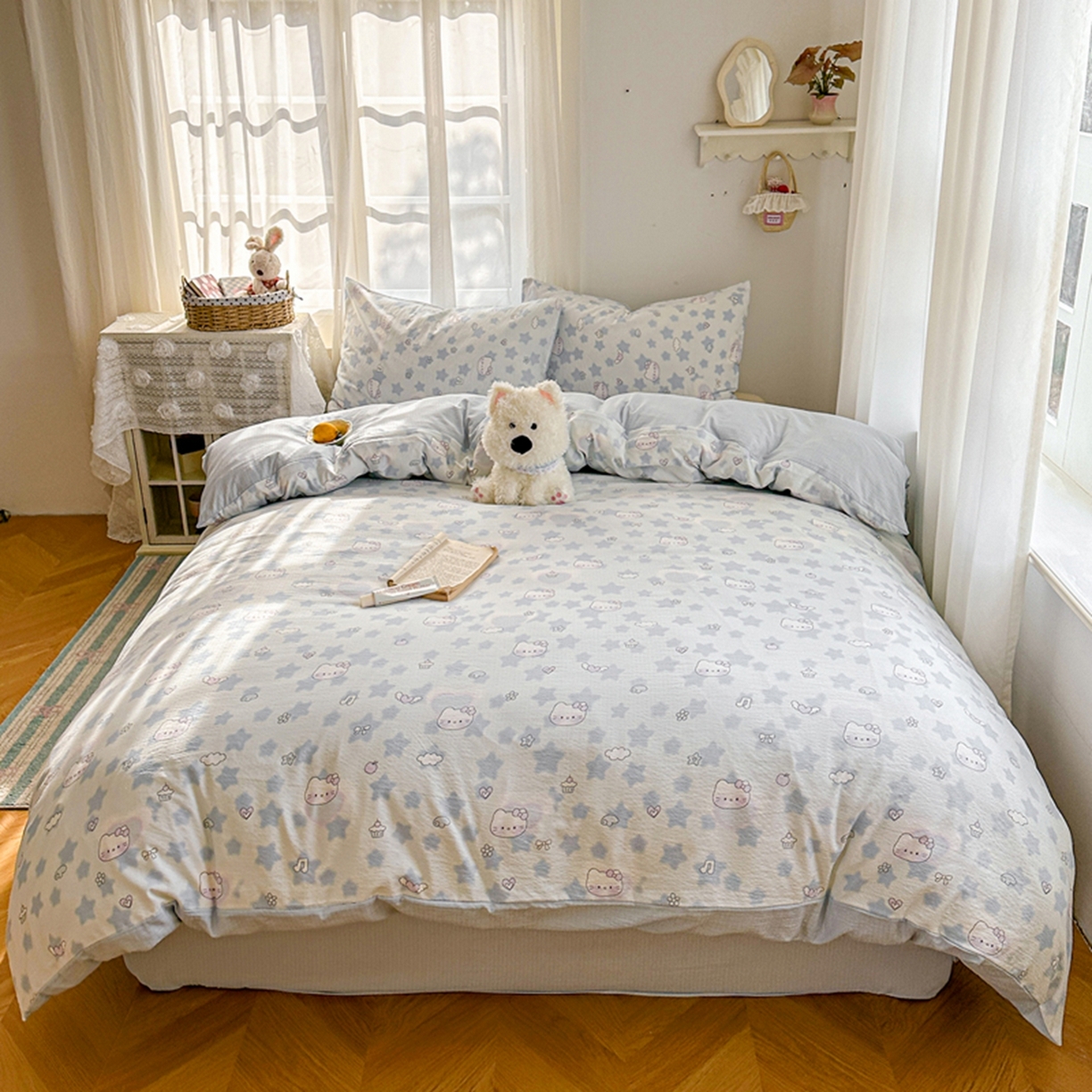 91家纺网 家纺一手货源 找家纺 宏源家纺 2026新款云感提花双层纱四件套 蓝色奶猫