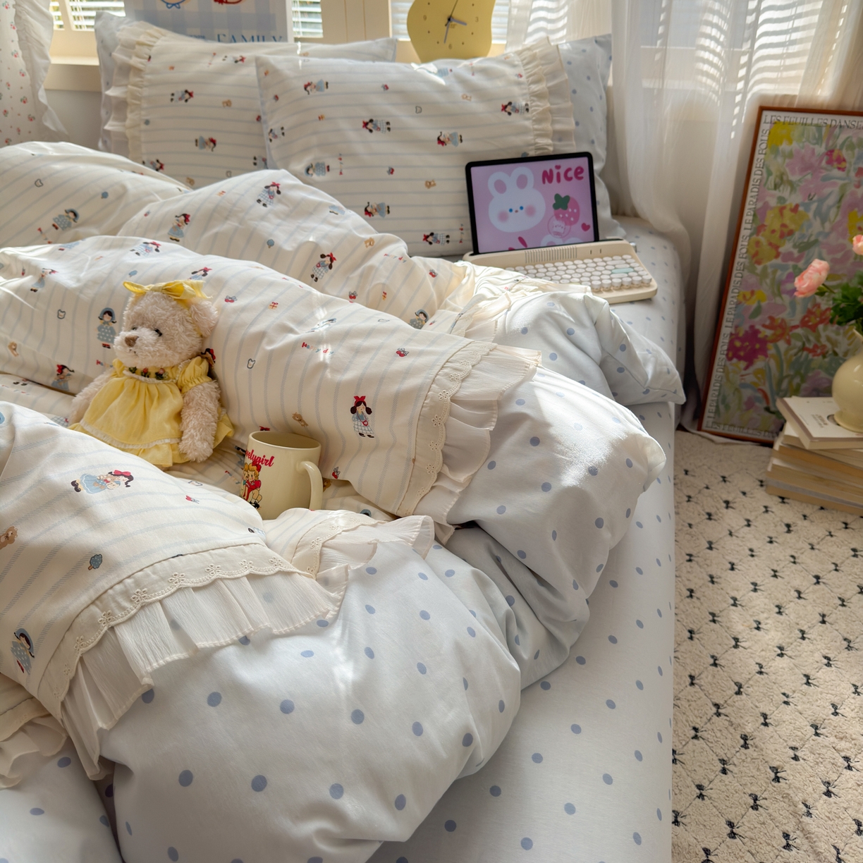 91家纺网 家纺一手货源 找家纺 云锦家居 2026新款纯棉拼接花边小清新工艺款四件套 少女日记