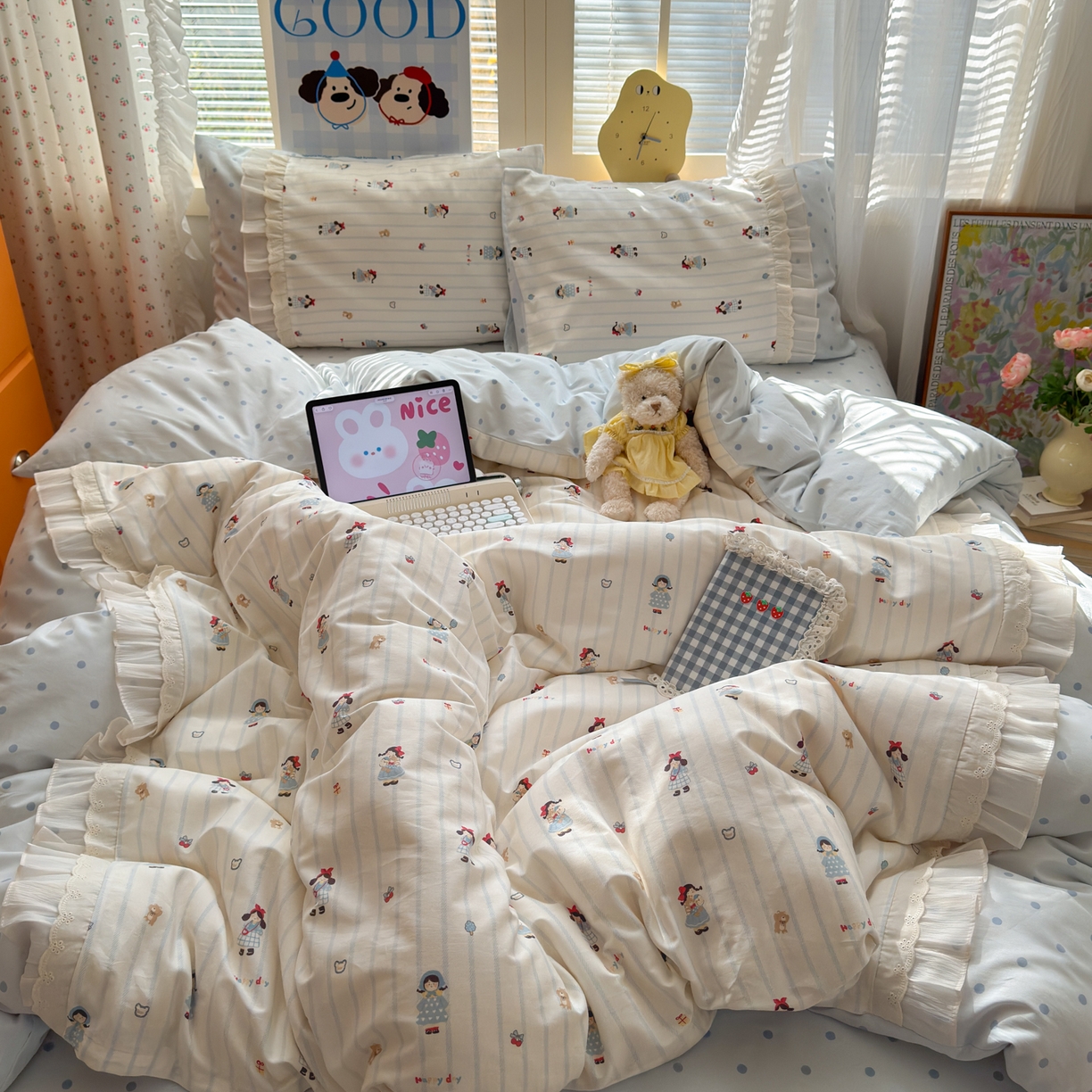 91家纺网 家纺一手货源 找家纺 云锦家居 2026新款纯棉拼接花边小清新工艺款四件套 少女日记