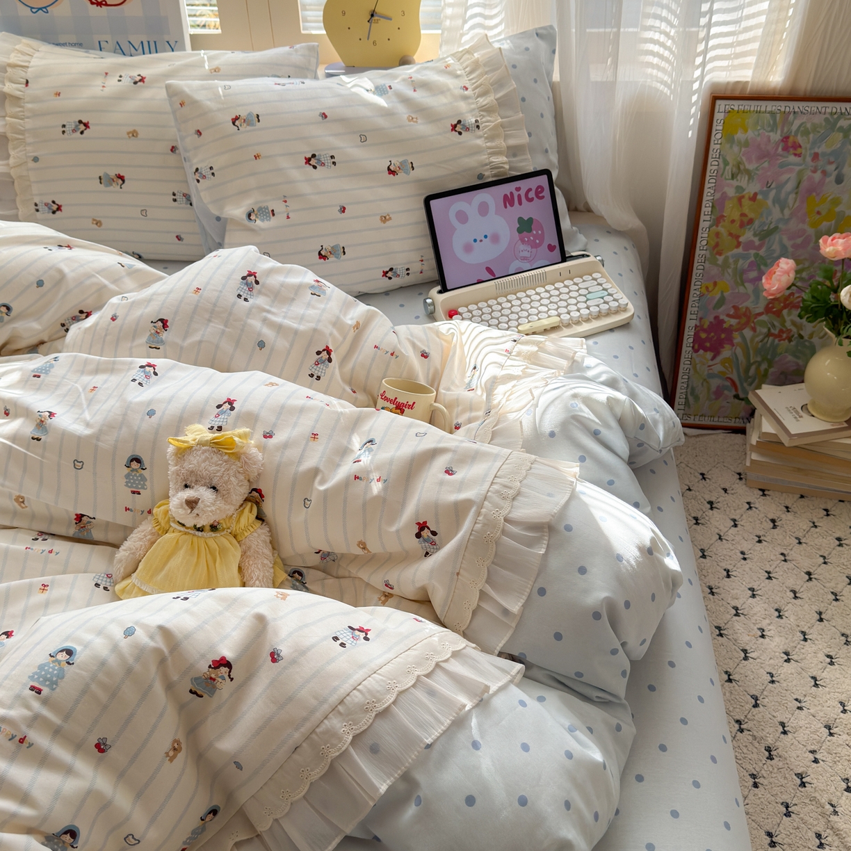 91家纺网 家纺一手货源 找家纺 云锦家居 2026新款纯棉拼接花边小清新工艺款四件套 少女日记