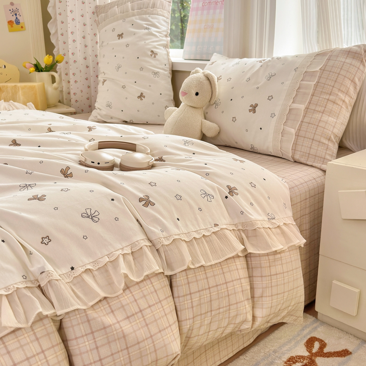 91家纺网 家纺一手货源 找家纺 云锦家居 2026新款纯棉拼接花边小清新工艺款四件套 凯莉梦境