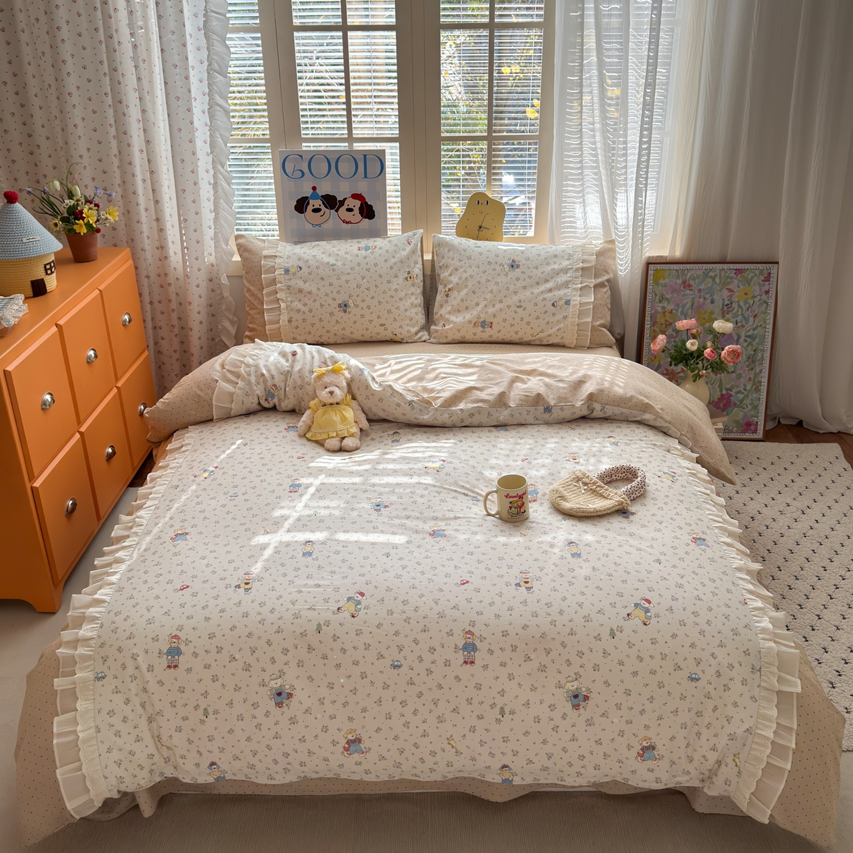 91家纺网 家纺一手货源 找家纺 云锦家居 2026新款纯棉拼接花边小清新工艺款四件套 口袋故事