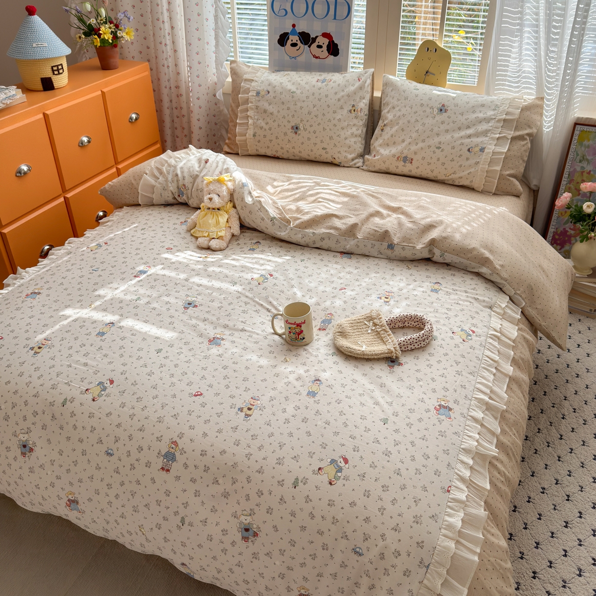 91家纺网 家纺一手货源 找家纺 云锦家居 2026新款纯棉拼接花边小清新工艺款四件套 口袋故事