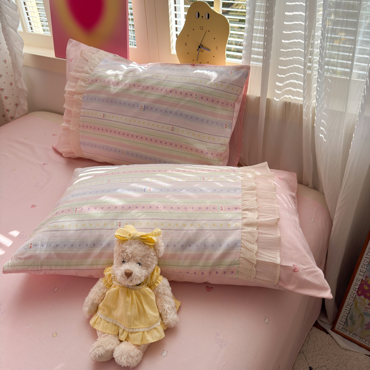 91家纺网 家纺一手货源 找家纺 云锦家居 2026新款纯棉拼接花边小清新工艺款四件套 毛线彩虹