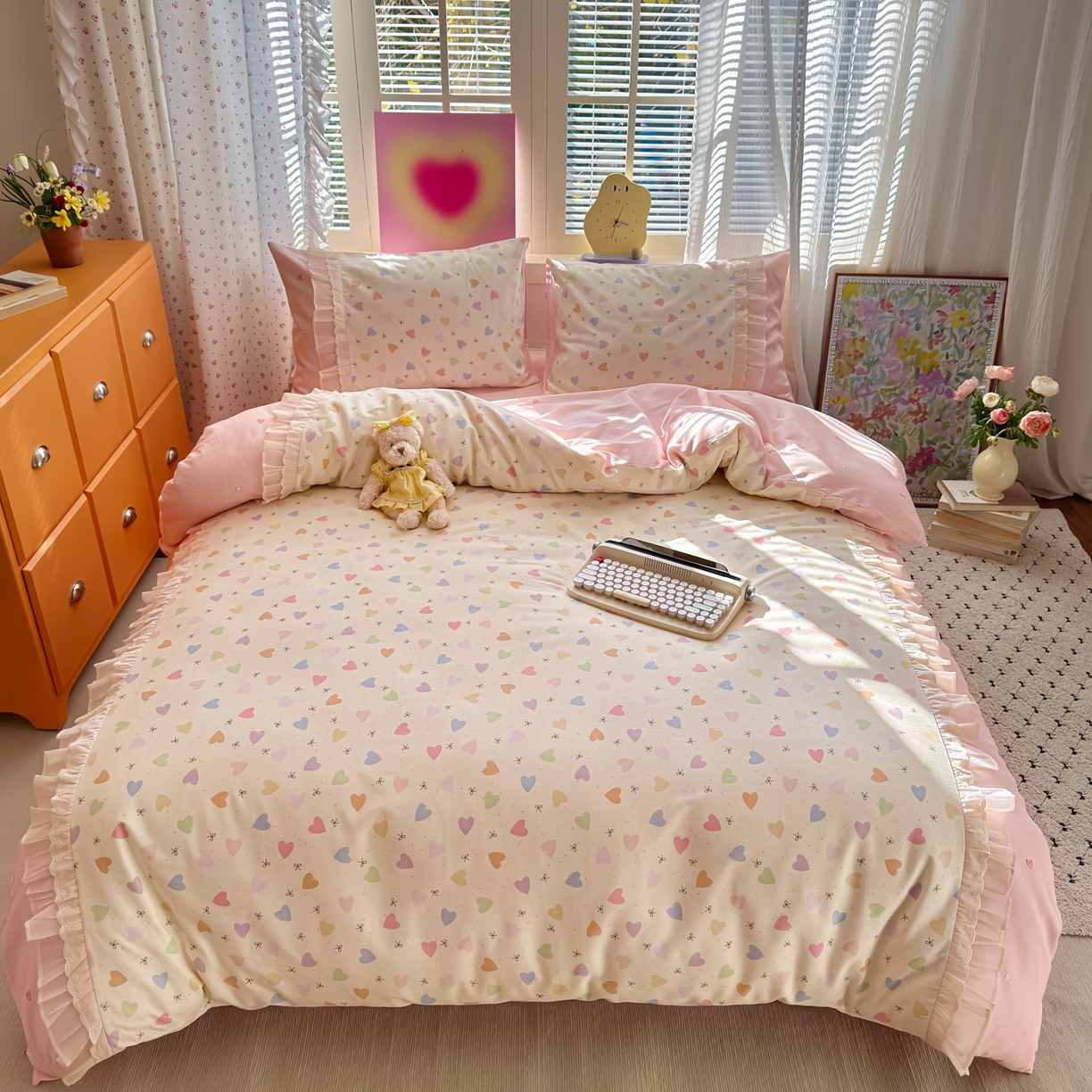 91家纺网 家纺一手货源 找家纺 云锦家居 2026新款纯棉拼接花边小清新工艺款四件套 心跳瞬间