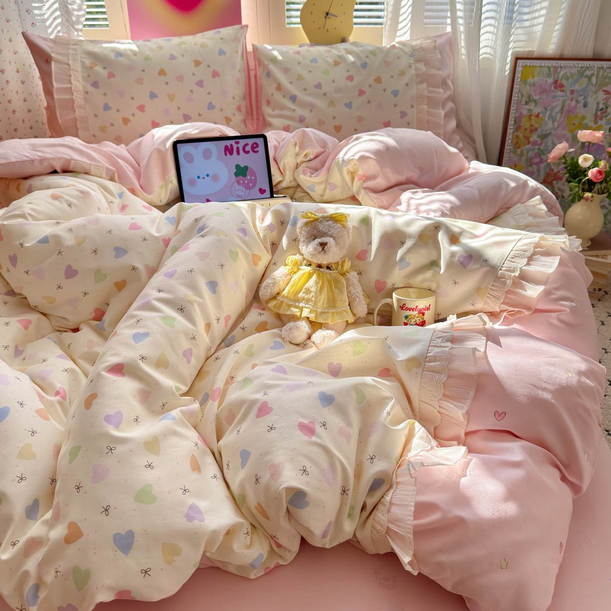 91家纺网 家纺一手货源 找家纺 云锦家居 2026新款纯棉拼接花边小清新工艺款四件套 心跳瞬间