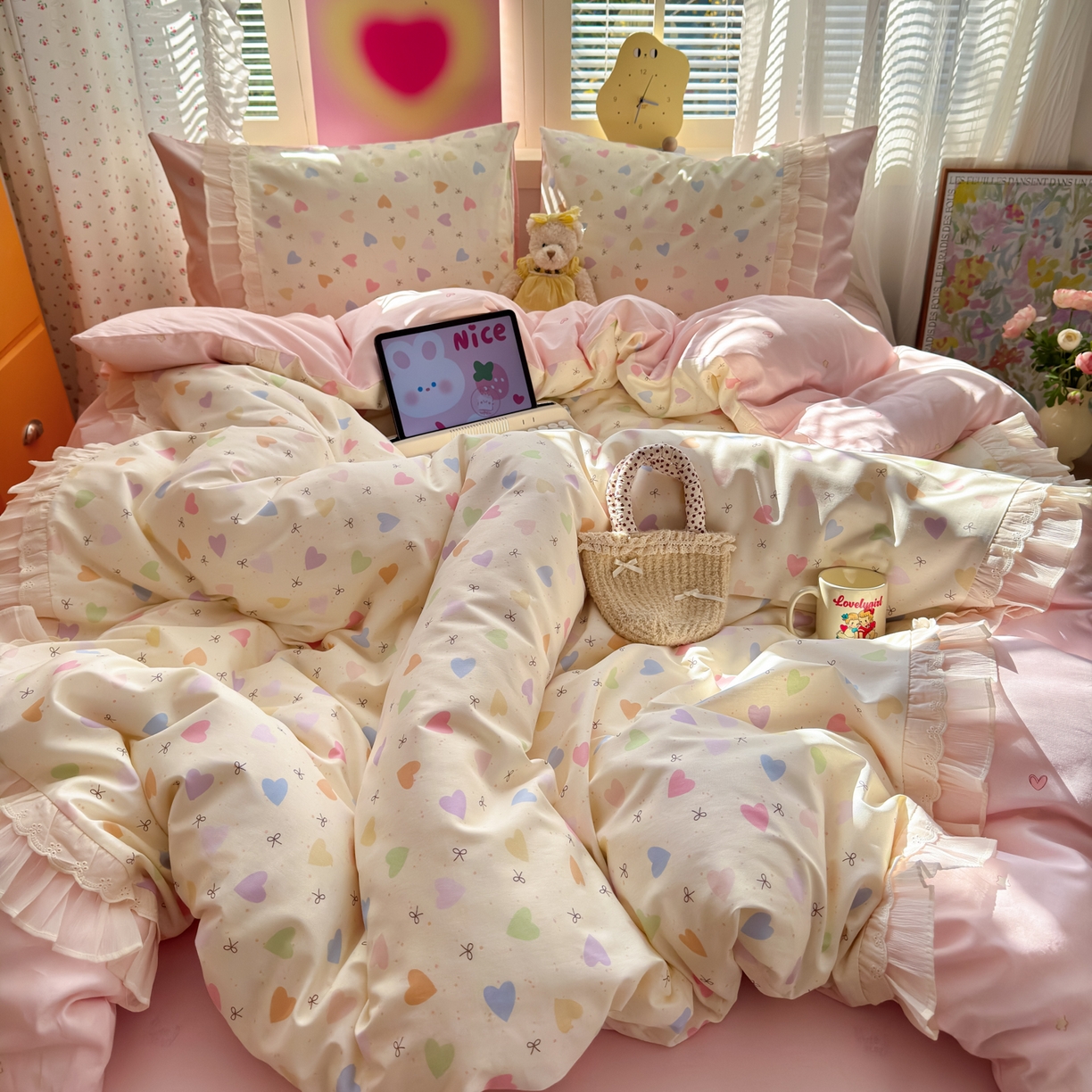 91家纺网 家纺一手货源 找家纺 云锦家居 2026新款纯棉拼接花边小清新工艺款四件套 心跳瞬间