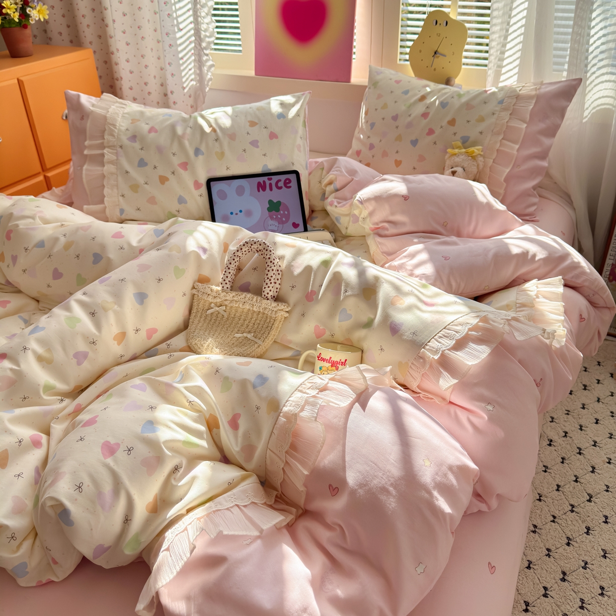 91家纺网 家纺一手货源 找家纺 云锦家居 2026新款纯棉拼接花边小清新工艺款四件套 心跳瞬间