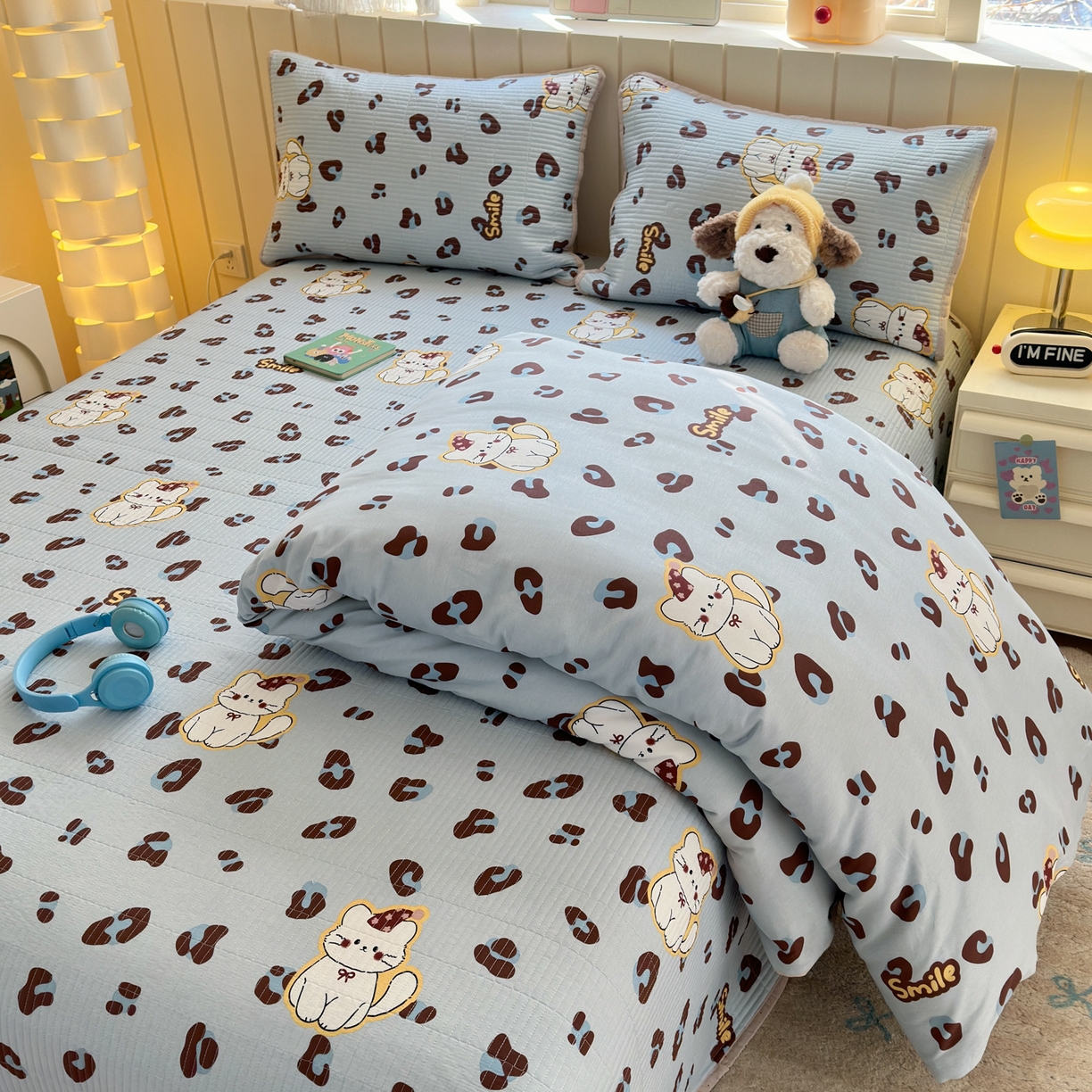 91家纺网 家纺一手货源 找家纺 云锦家居 2026新款双面纯棉小清新印花床盖款四件套 床盖款-豹纹奶喵 蓝