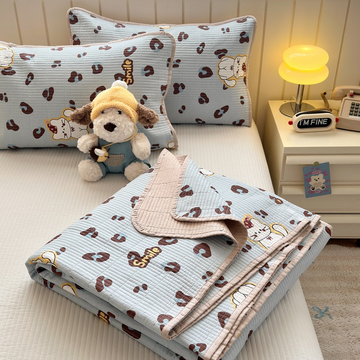 91家纺网 家纺一手货源 找家纺 云锦家居 2026新款双面纯棉小清新印花床盖款四件套 床盖款-豹纹奶喵 蓝