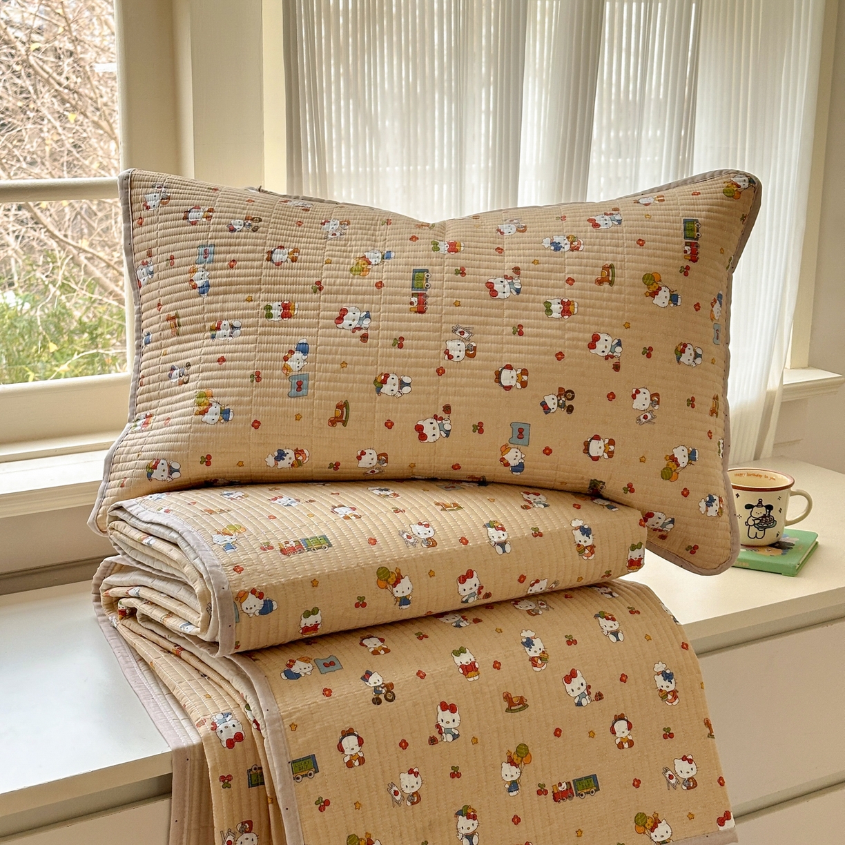 91家纺网 家纺一手货源 找家纺 云锦家居 2026新款双面纯棉小清新印花床盖款四件套 床盖款-凯蒂软糖 咖