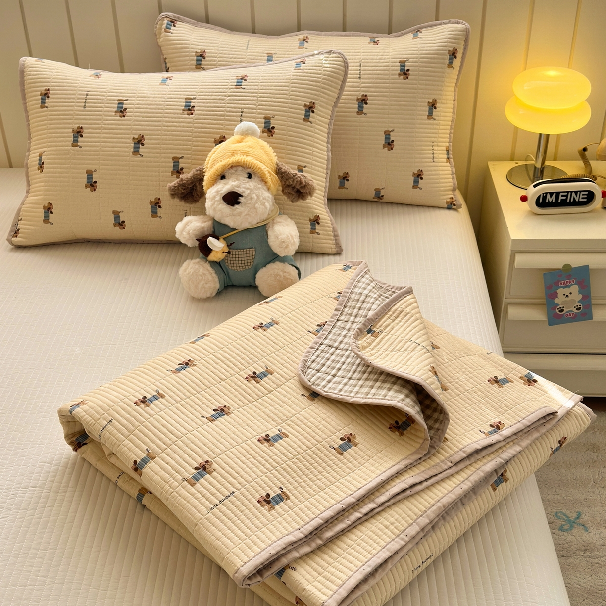 91家纺网 家纺一手货源 找家纺 云锦家居 2026新款双面纯棉小清新印花床盖款四件套 床盖款-柯基漫游记