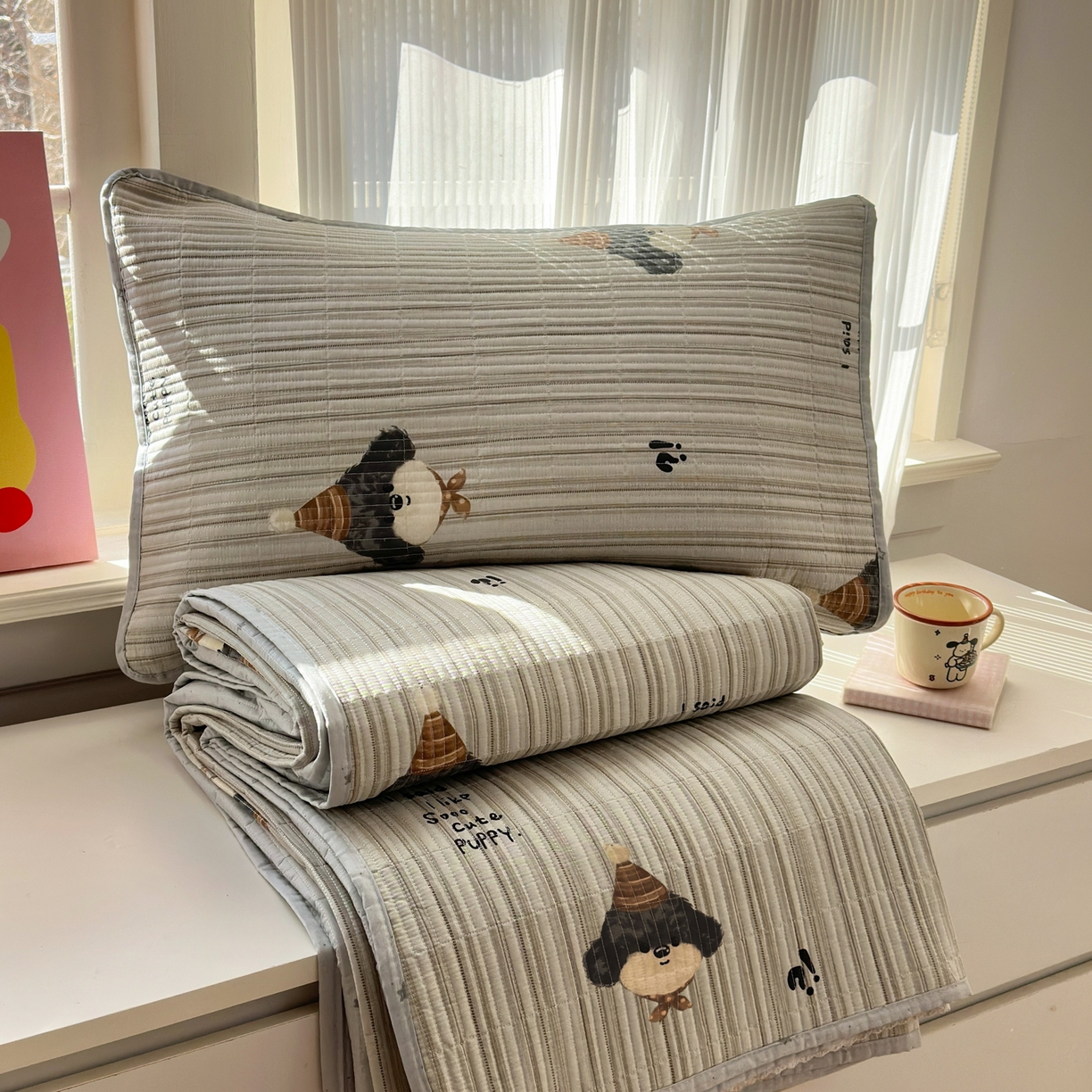 91家纺网 家纺一手货源 找家纺 云锦家居 2026新款双面纯棉小清新印花床盖款四件套 床盖款-帽子柯基