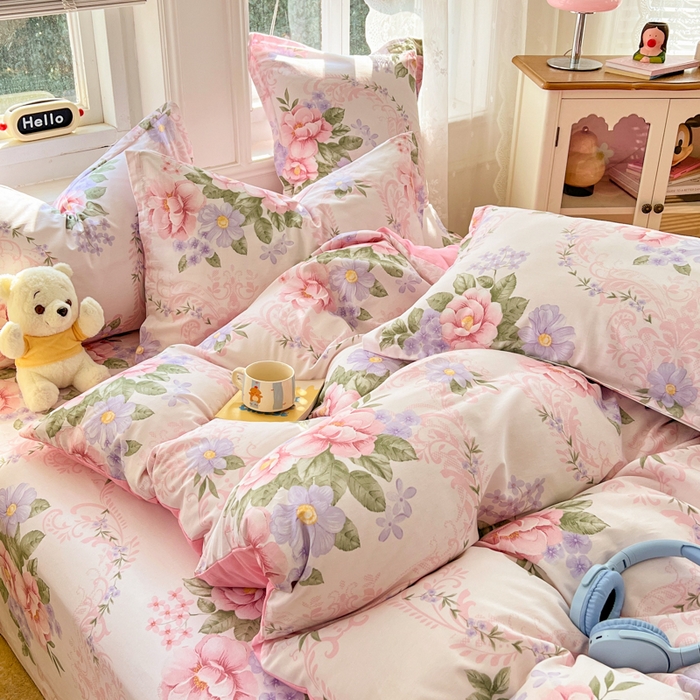 91家纺网 家纺一手货源 找家纺 世爵 2026新款全棉纯棉印花小清新单床单单品系列 花叶倾城-粉