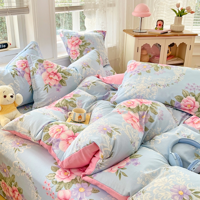 91家纺网 家纺一手货源 找家纺 世爵 2026新款全棉纯棉印花小清新单床单单品系列 花叶倾城-蓝