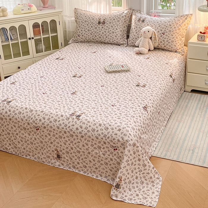 91家纺网 家纺一手货源 找家纺 世爵 2026新款全棉纯棉印花小清新单床单单品系列 田园小兔