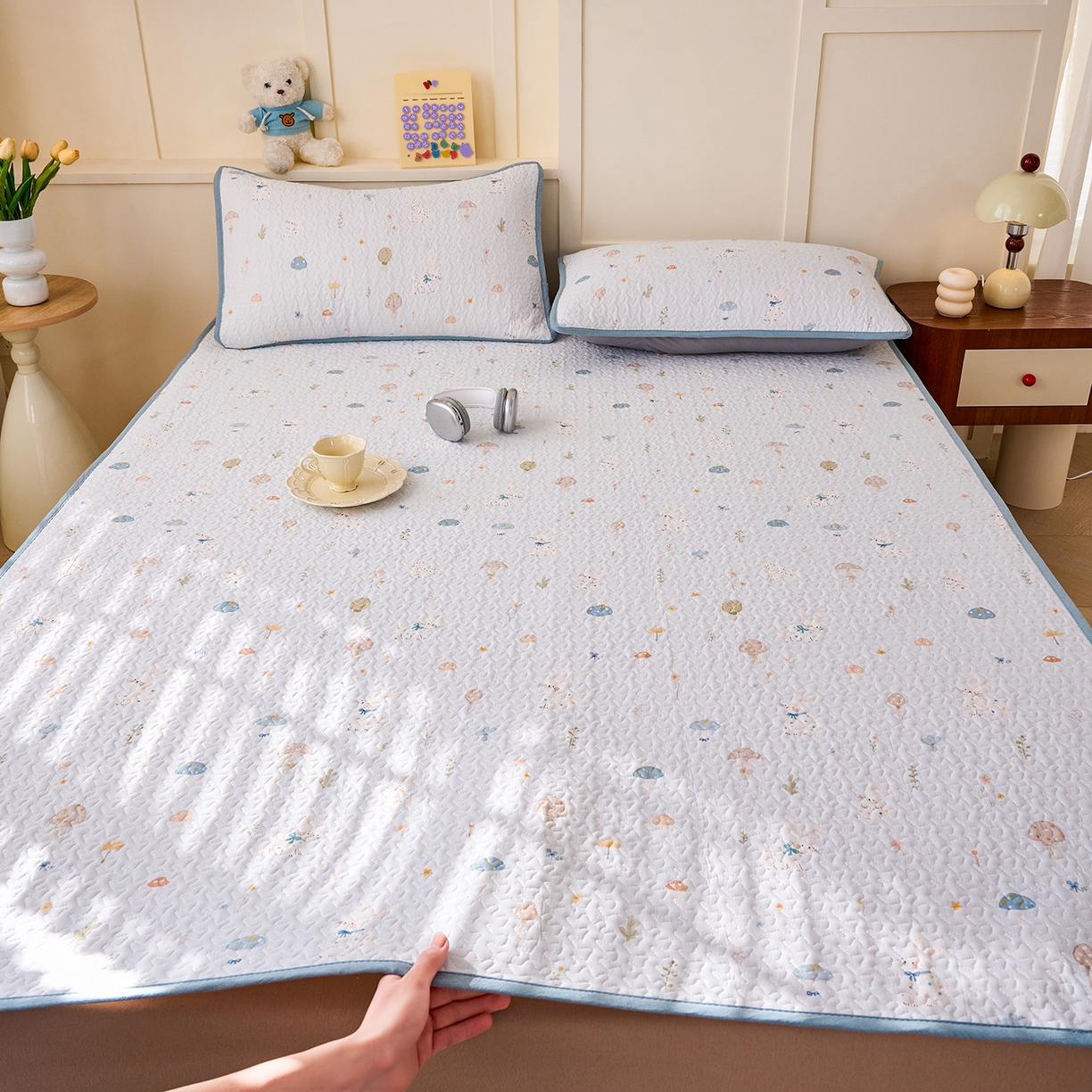 拾小柒 2026年新款全棉双层纱床护垫纯棉防滑床盖床褥子软床垫 萌趣森林蓝