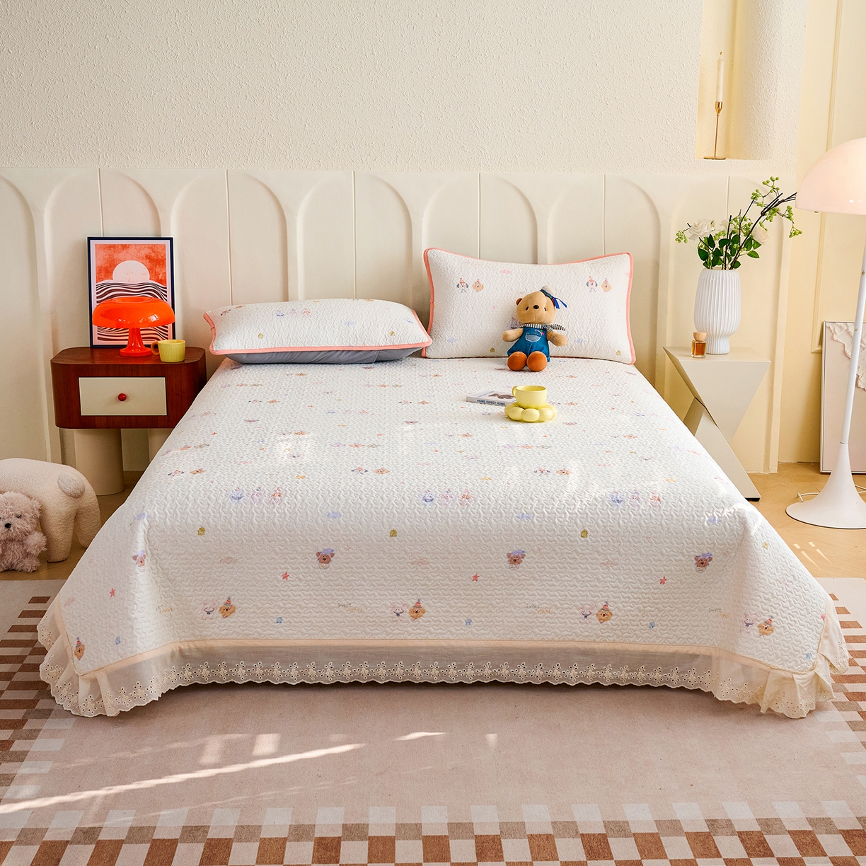 91家纺网 家纺一手货源 找家纺 （总）拾小柒 2026年新款全棉双层纱床盖花边法式中古奶油风防滑床盖三件套