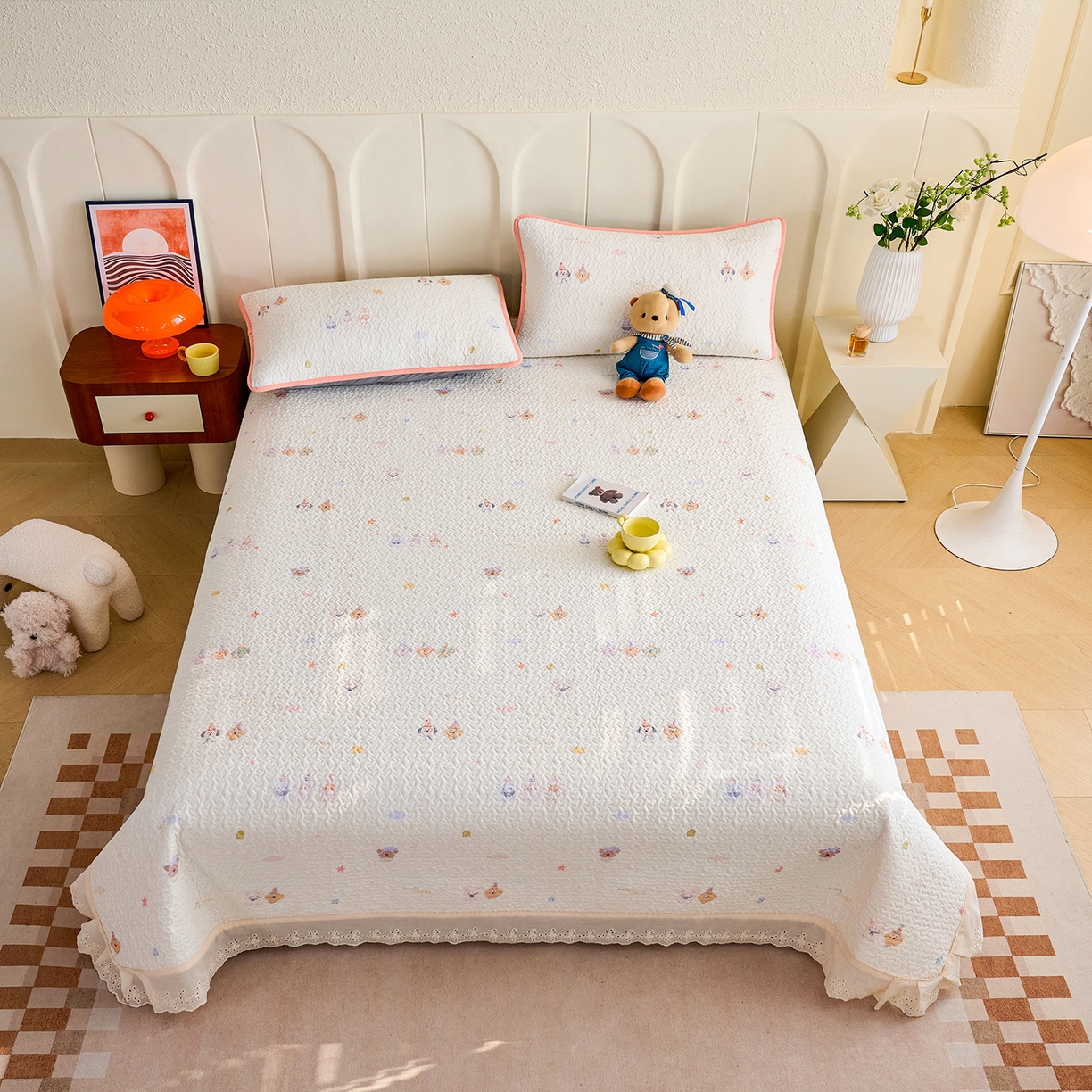 91家纺网 家纺一手货源 找家纺 （总）拾小柒 2026年新款全棉双层纱床盖花边法式中古奶油风防滑床盖三件套