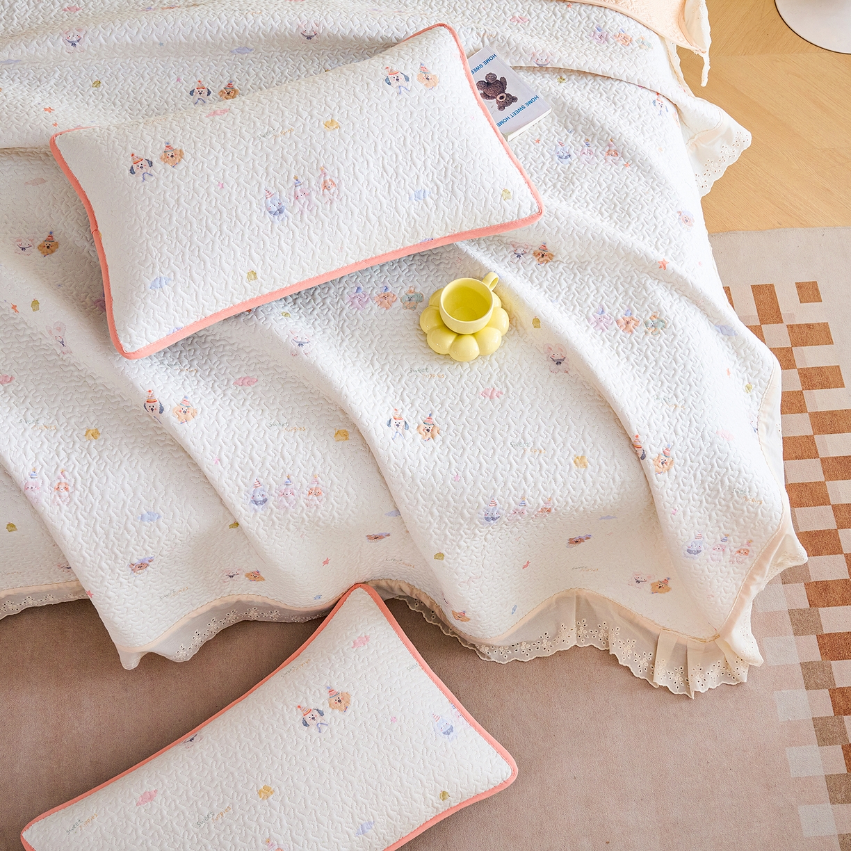 91家纺网 家纺一手货源 找家纺 （总）拾小柒 2026年新款全棉双层纱床盖花边法式中古奶油风防滑床盖三件套