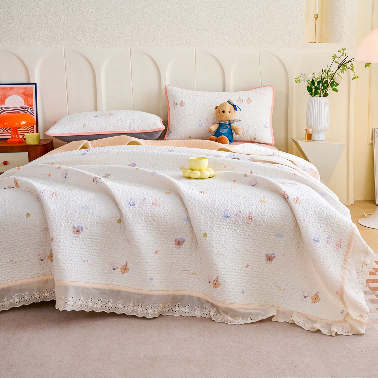 91家纺网 家纺一手货源 找家纺 （总）拾小柒 2026年新款全棉双层纱床盖花边法式中古奶油风防滑床盖三件套