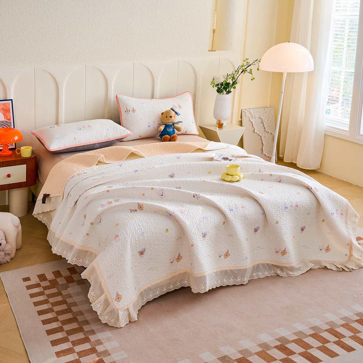 91家纺网 家纺一手货源 找家纺 拾小柒 2026年新款全棉双层纱床盖花边法式中古奶油风防滑床盖三件套 豆豆好朋友