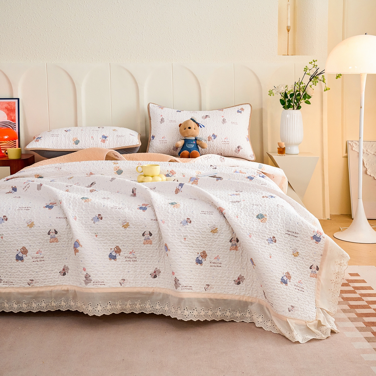 拾小柒 2026年新款全棉双层纱床盖花边法式中古奶油风防滑床盖三件套 咕噜派米