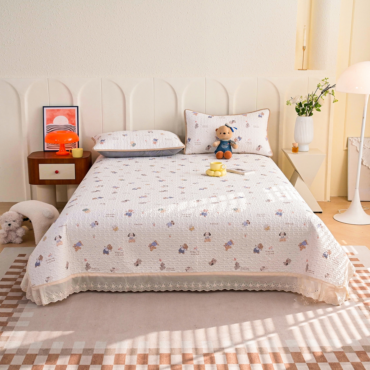 91家纺网 家纺一手货源 找家纺 拾小柒 2026年新款全棉双层纱床盖花边法式中古奶油风防滑床盖三件套 咕噜派米