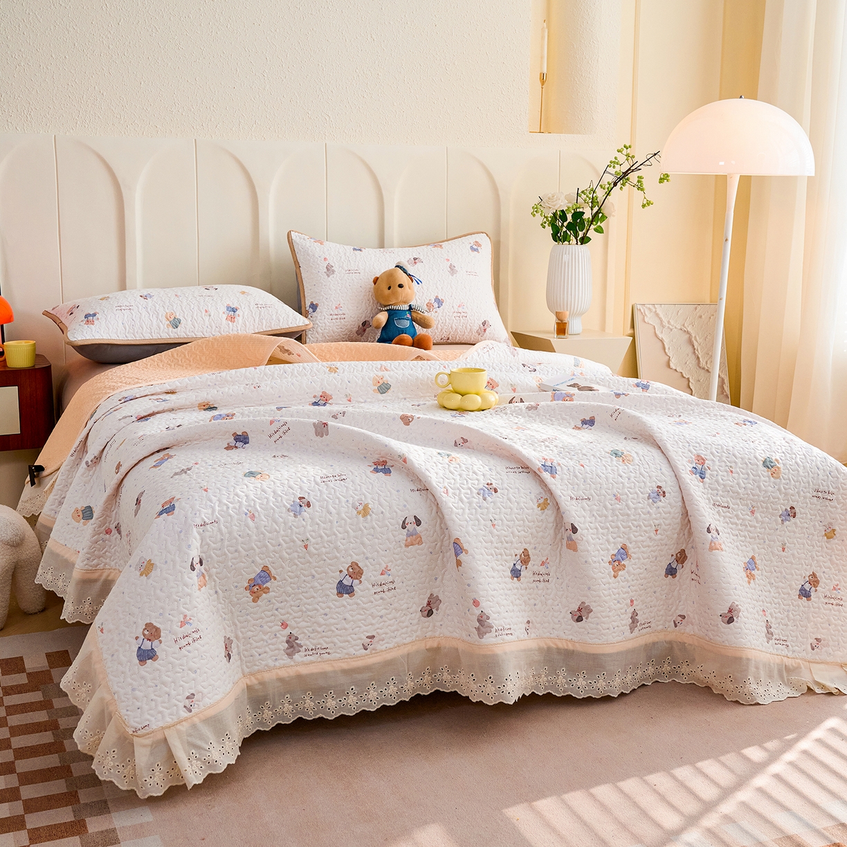 91家纺网 家纺一手货源 找家纺 拾小柒 2026年新款全棉双层纱床盖花边法式中古奶油风防滑床盖三件套 咕噜派米