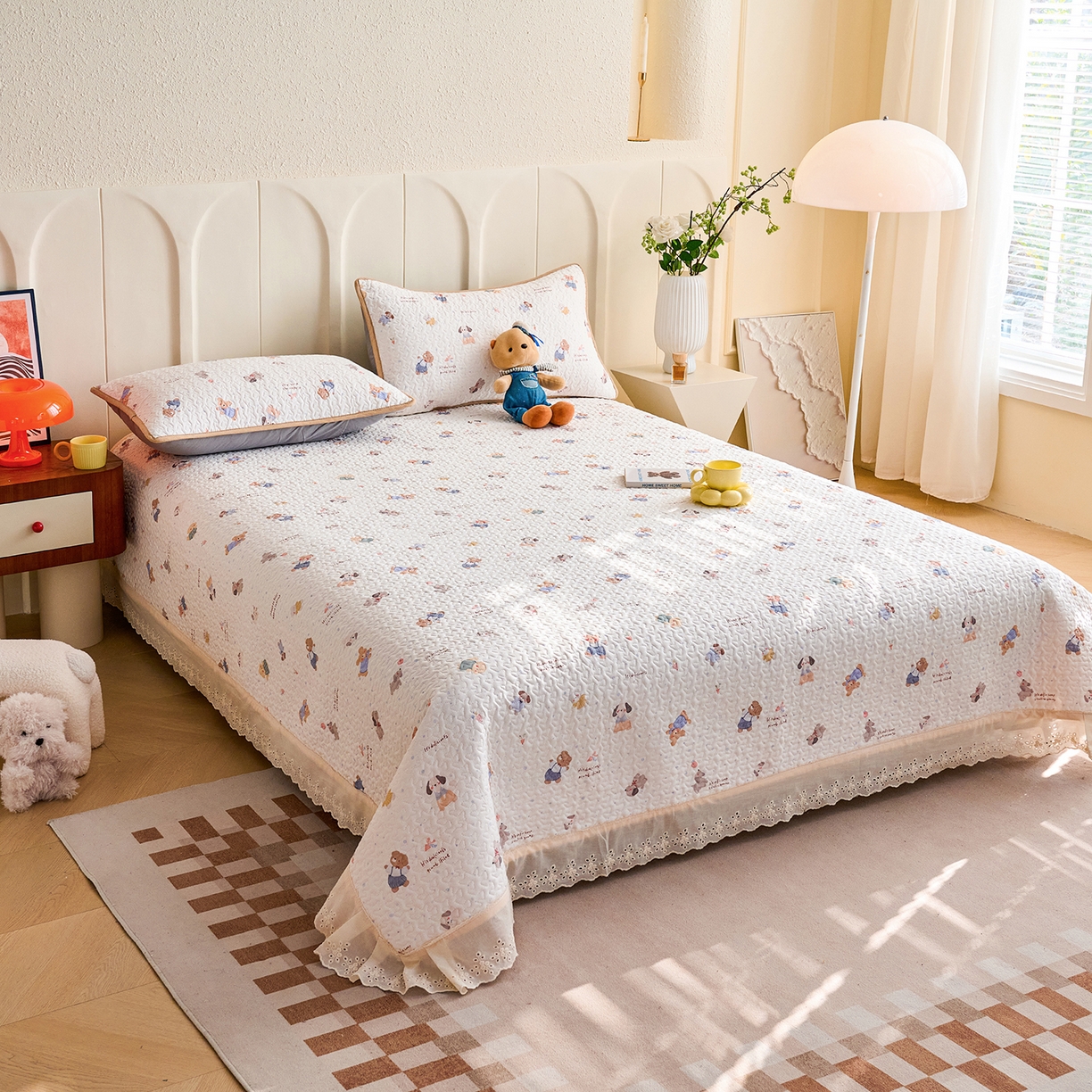 91家纺网 家纺一手货源 找家纺 拾小柒 2026年新款全棉双层纱床盖花边法式中古奶油风防滑床盖三件套 咕噜派米