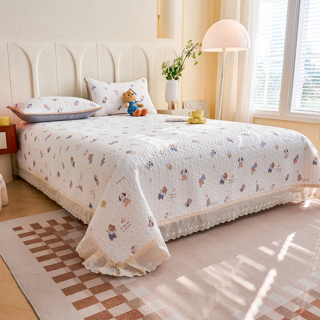 91家纺网 家纺一手货源 找家纺 拾小柒 2026年新款全棉双层纱床盖花边法式中古奶油风防滑床盖三件套 咕噜派米