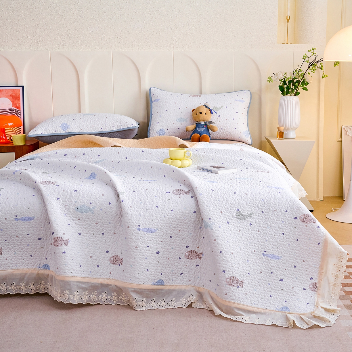 拾小柒 2026年新款全棉双层纱床盖花边法式中古奶油风防滑床盖三件套 鲤安