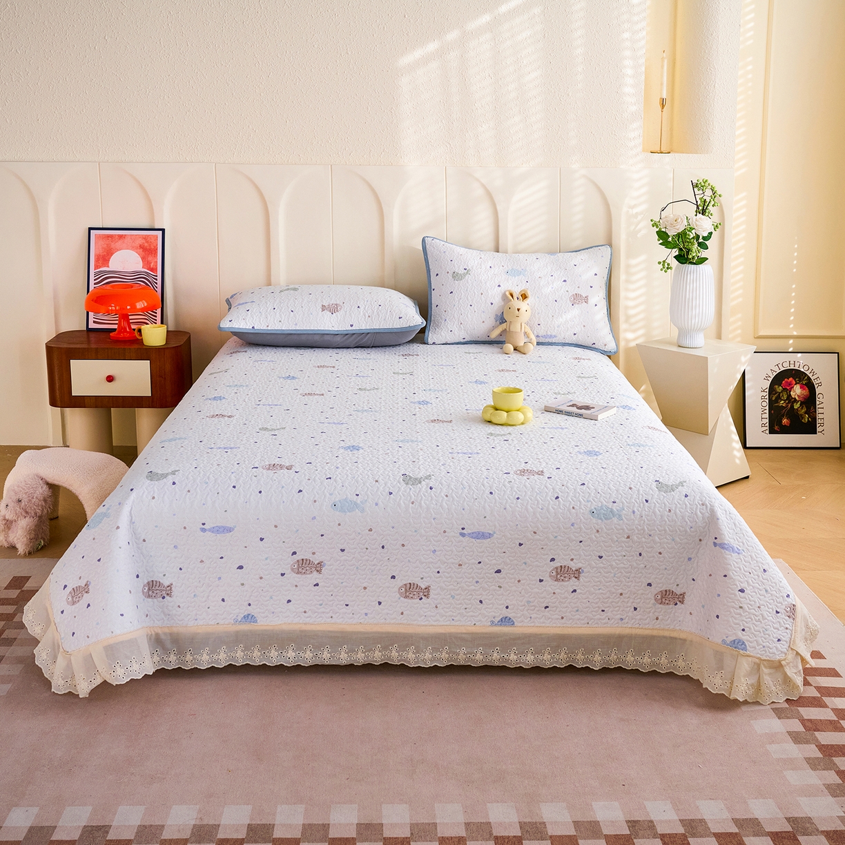 91家纺网 家纺一手货源 找家纺 拾小柒 2026年新款全棉双层纱床盖花边法式中古奶油风防滑床盖三件套 鲤安