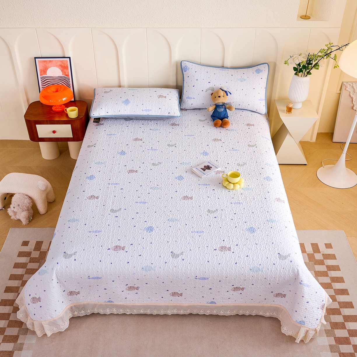 91家纺网 家纺一手货源 找家纺 拾小柒 2026年新款全棉双层纱床盖花边法式中古奶油风防滑床盖三件套 鲤安